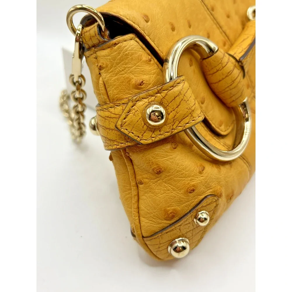 VINTAGE GUCCI Tom Ford Ostrich Leather Horsebit Flap Clutch Yellow Evening Bag - Picture 7 of 12